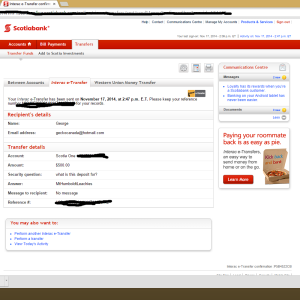 My etransfer to George (Gecko Canada)