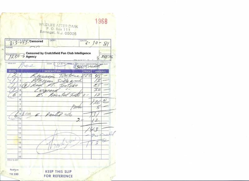 1981 Reptile Invoice from Wildlife After Dark, New Jersey
