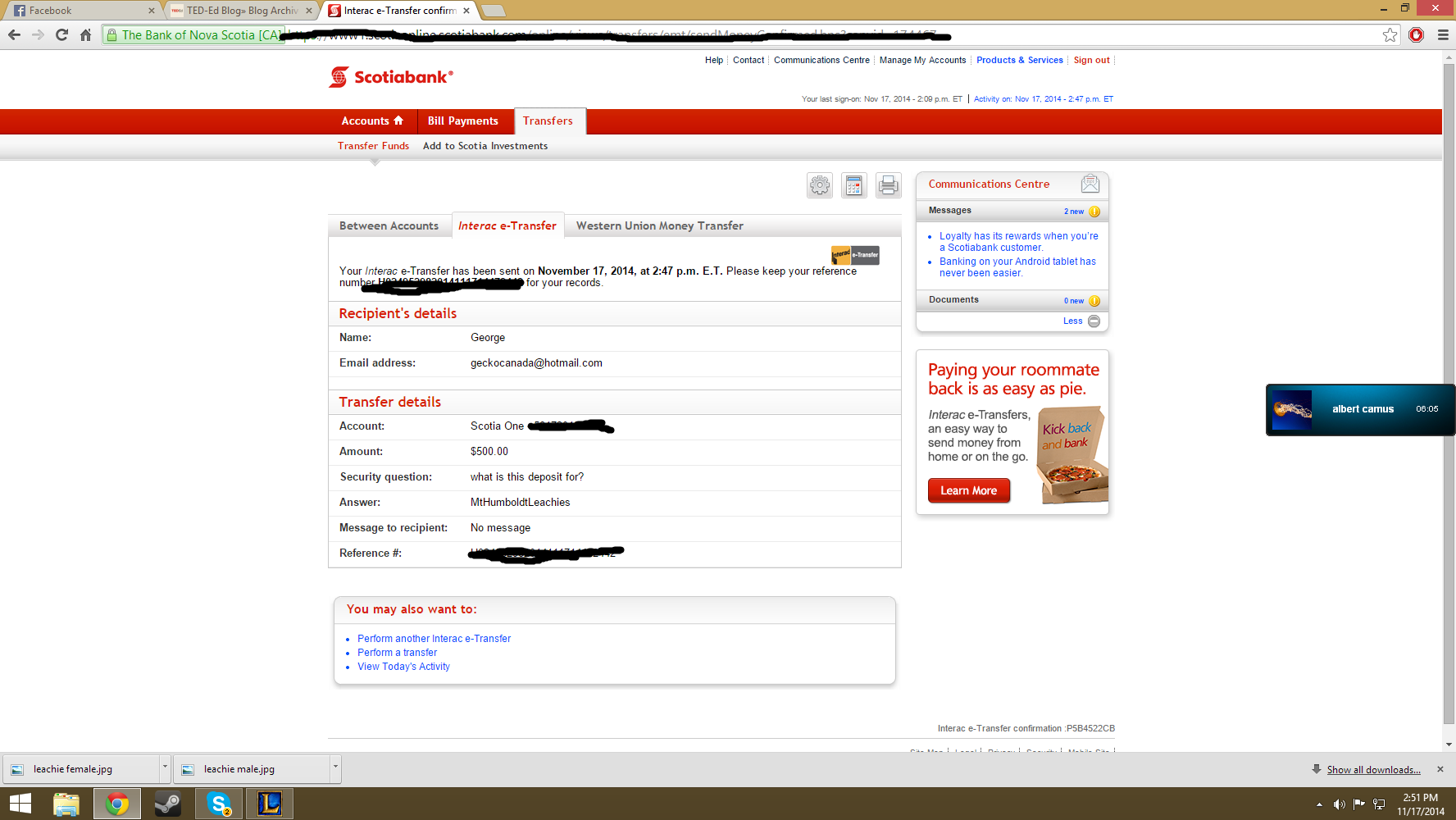 My etransfer to George (Gecko Canada)